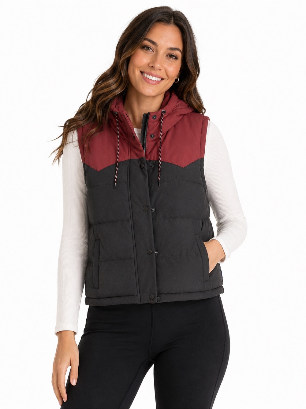 NEW Patagonia Bivy Two-Tone Hooded Puffer Vest in Rosewood and Charcoal XS